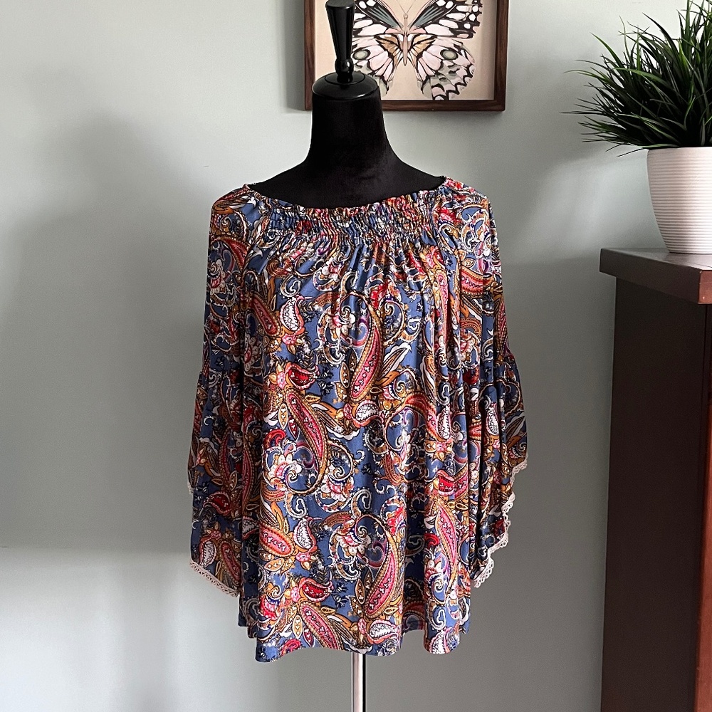 Ember Blue Paisley 3/4 Bell Sleeve Pullover Tunic Peasant Blouse L